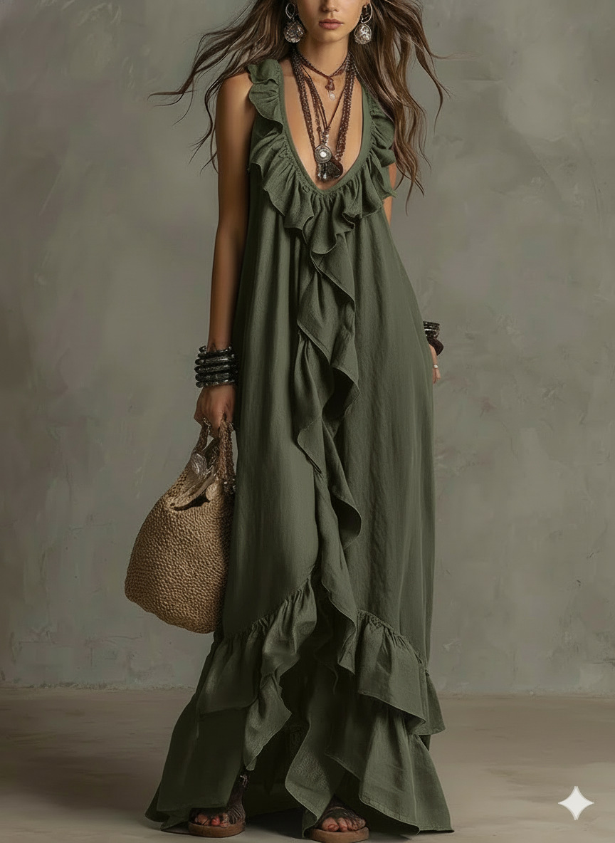 Elegant Bohemian V Neck Ruffle Maxi Dress In Deep Navy