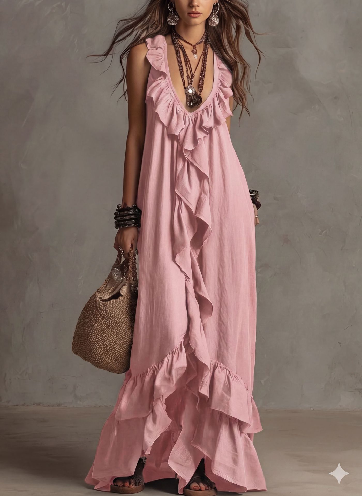 Elegant Bohemian V Neck Ruffle Maxi Dress In Deep Navy