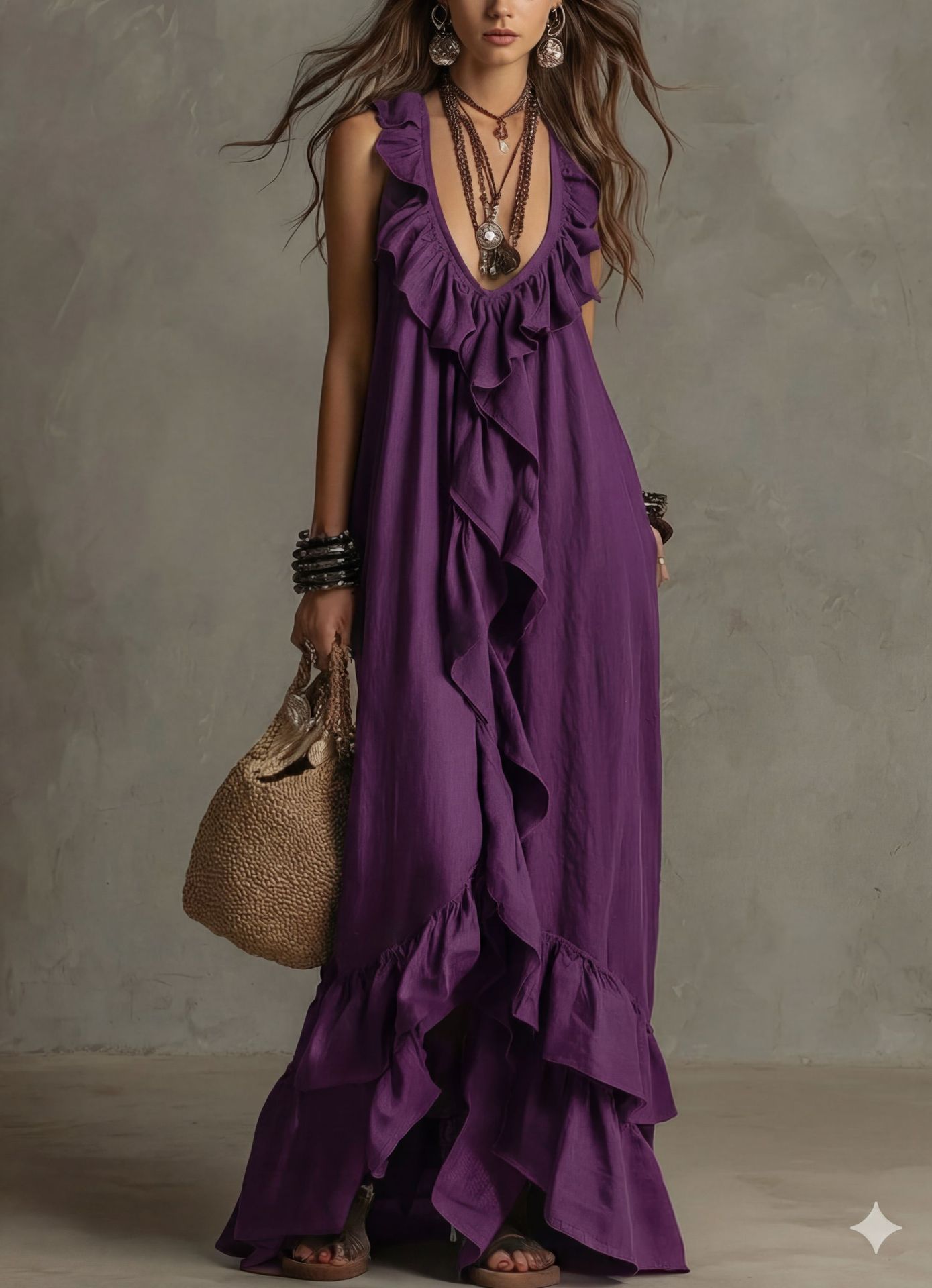Elegant Bohemian V Neck Ruffle Maxi Dress In Deep Navy