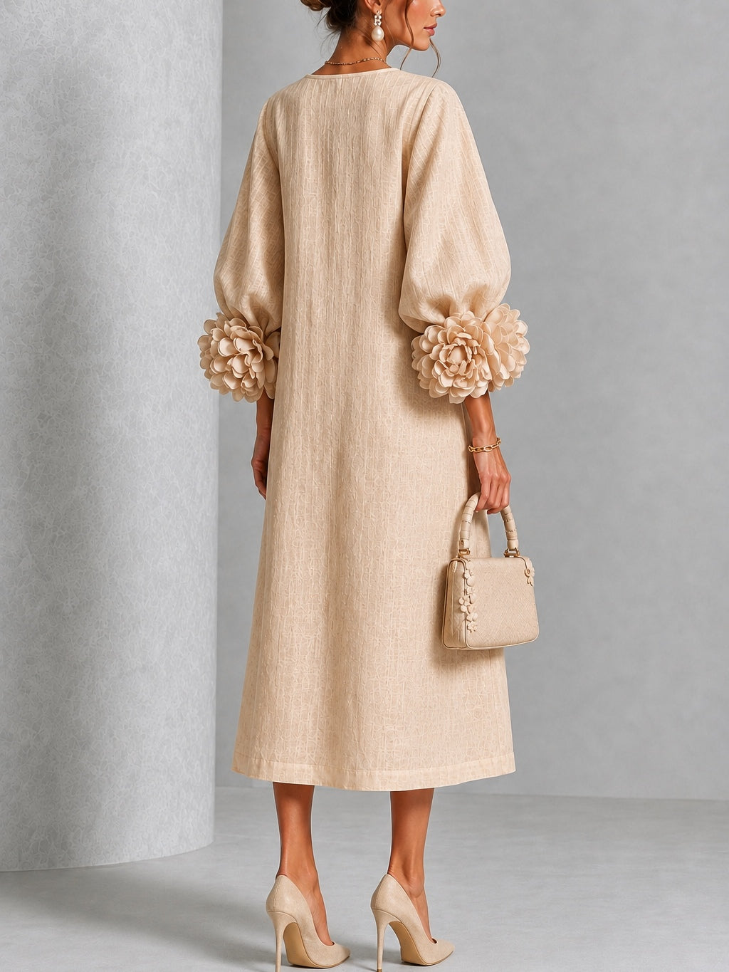  Floral Button-down Midi Dress With Striking Floral Cuffs