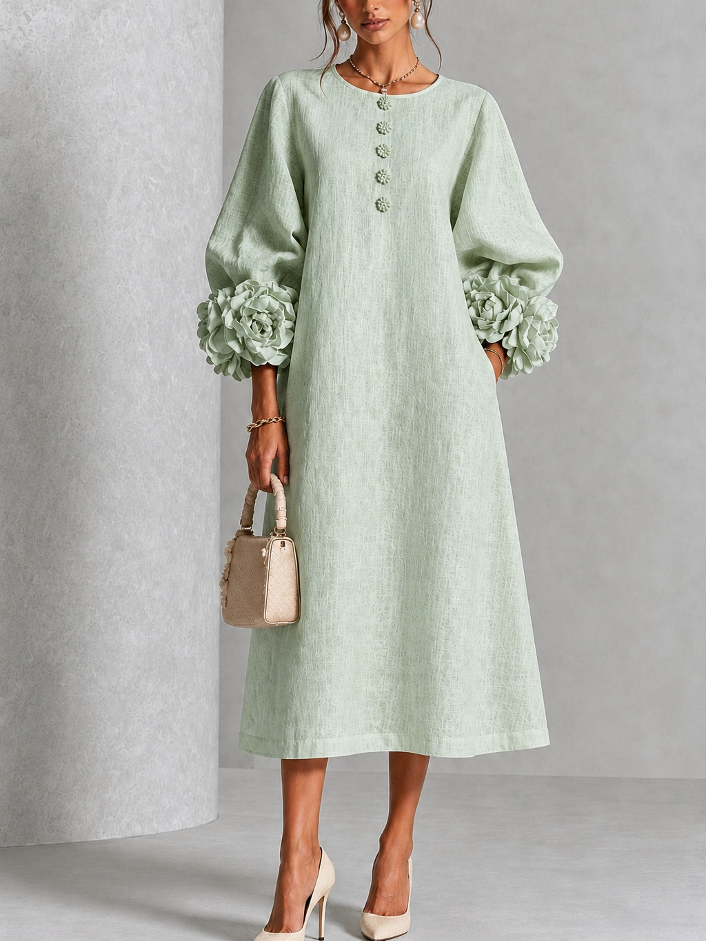  Floral Button-down Midi Dress With Striking Floral Cuffs
