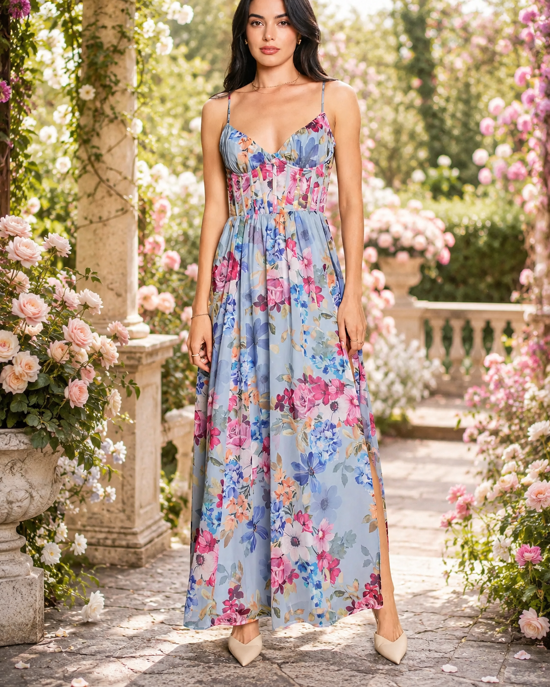 Corset Maxi Dress - Garden Blue