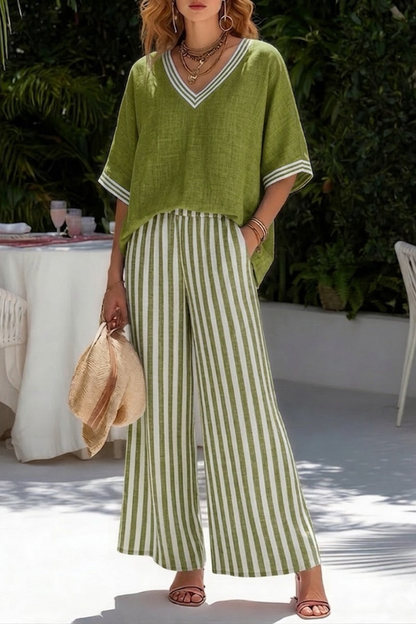 Striped Linen Cotton-stitched Top And Striped Trousers