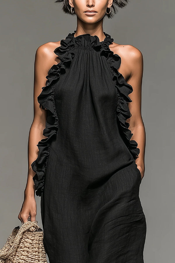 Linen Blend Halter Neck Ruffle Sleeveless Casual Loose Maxi Dress