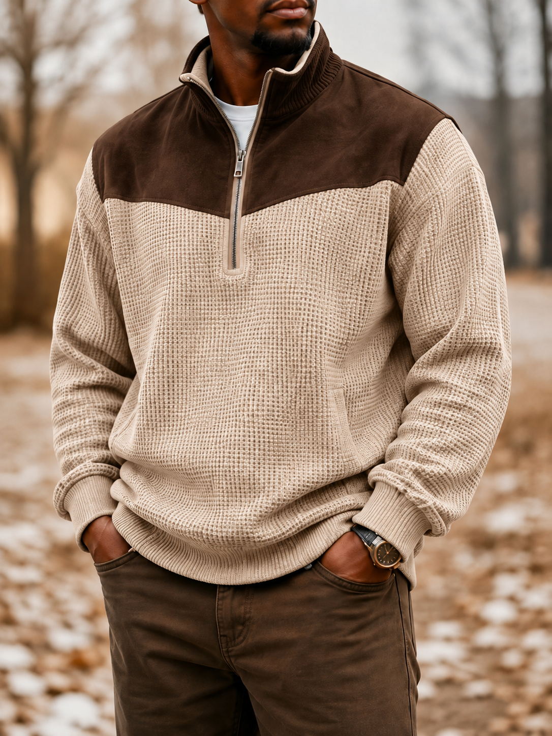 Men’s Waffle Knit Suede-Panel Quarter-Zip Pullover