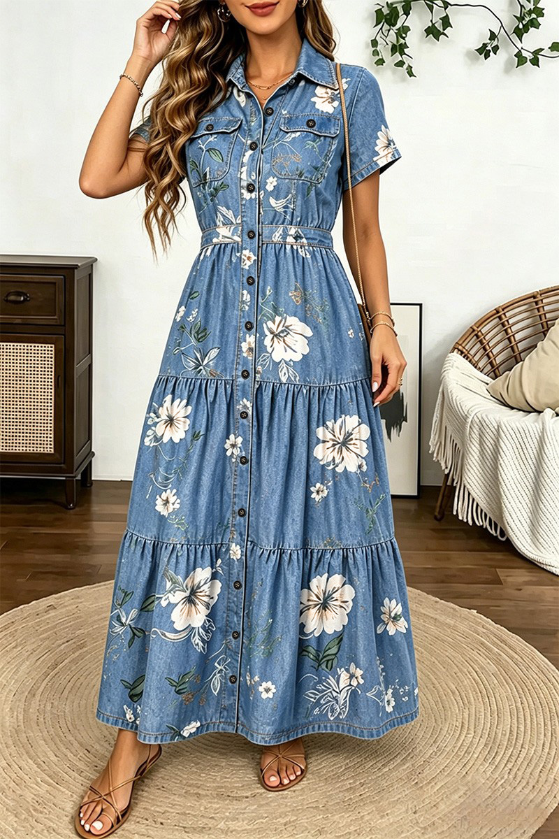 Floral Print Flap Pocket Button Up Short Sleeve Maxi Dress