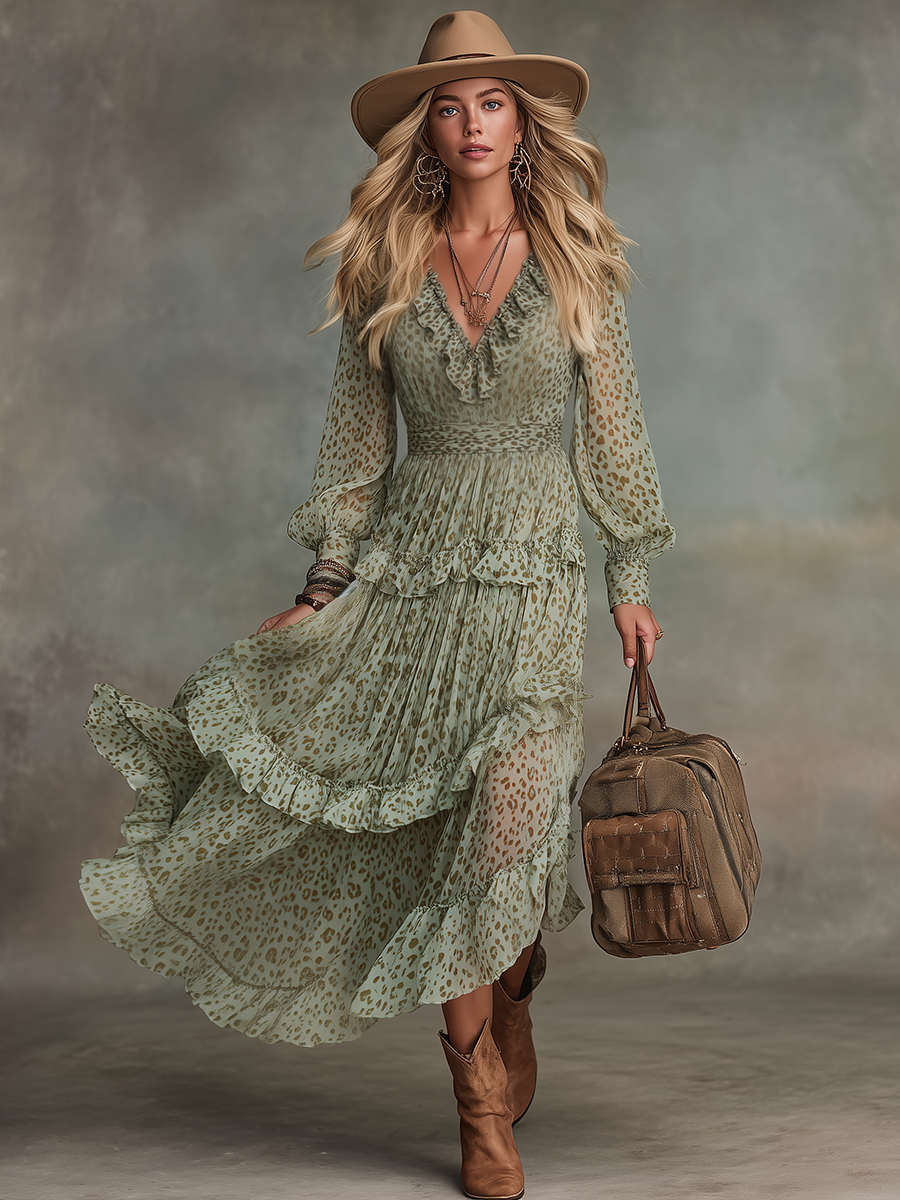 Vintage And Elegant V-neck Ruffled Leopard Print Chiffon Midi Dress