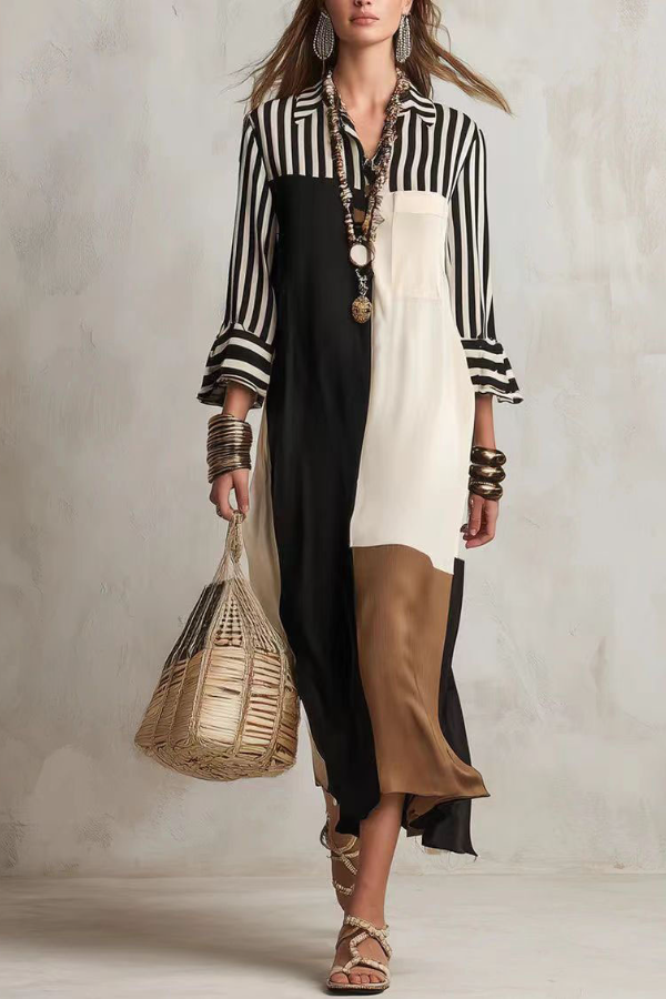 Elegant And Elegant Striped Nine-sleeve Stitching Shirt Dress