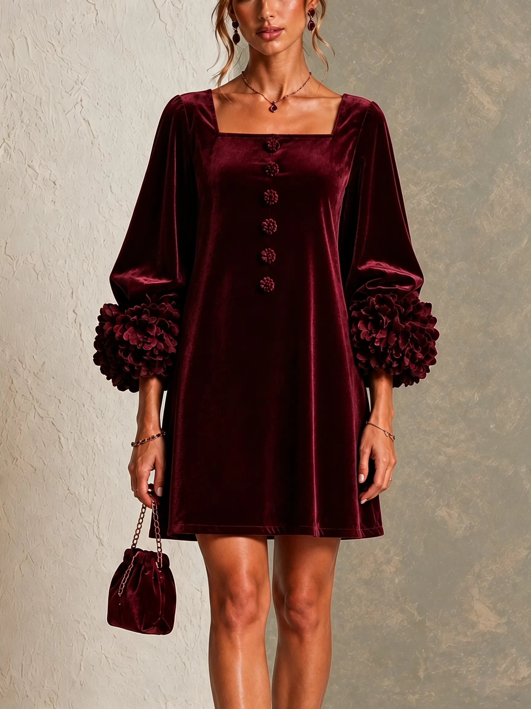 Velvet Button-front Mini Dress Featuring Striking Floral Cuffs