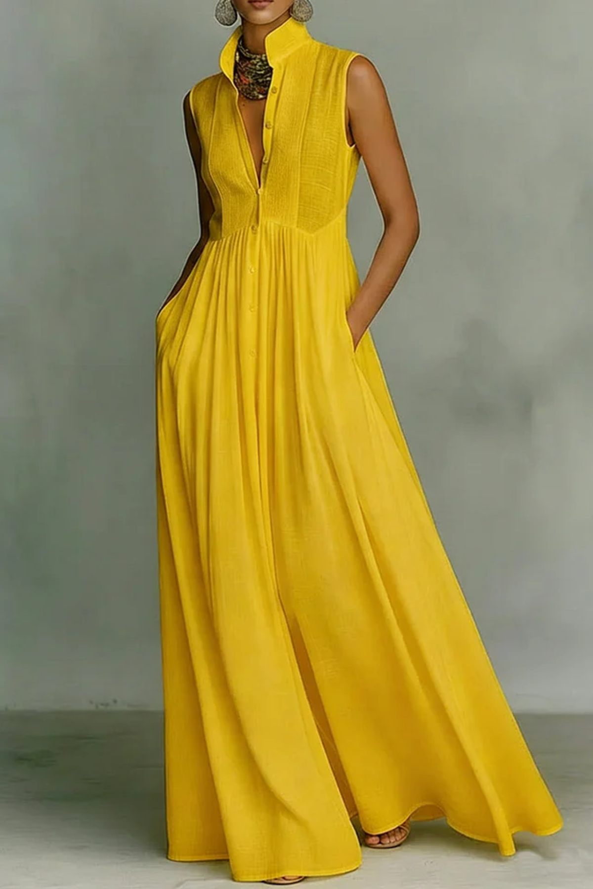 Women's Solid Color Stand Collar Sleeveless Casual Loose Cotton Linen Dress