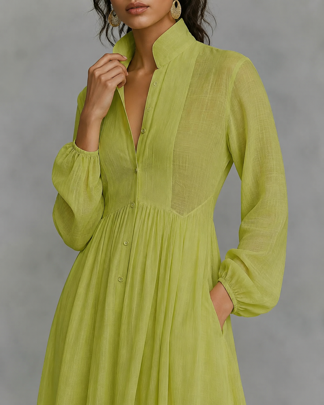 Women's Single-Button Stand-Up Collar Long-Sleeve Dress