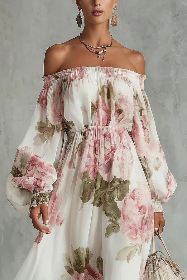 Floral Print Off-Shoulder Long-Sleeve Elastic Waist-Defining Maxi Dress