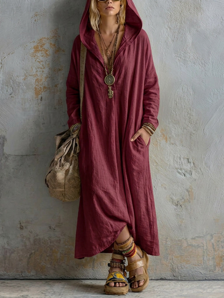 Loose Casual Pocket Long Sleeve V-Neck Hooded Dress