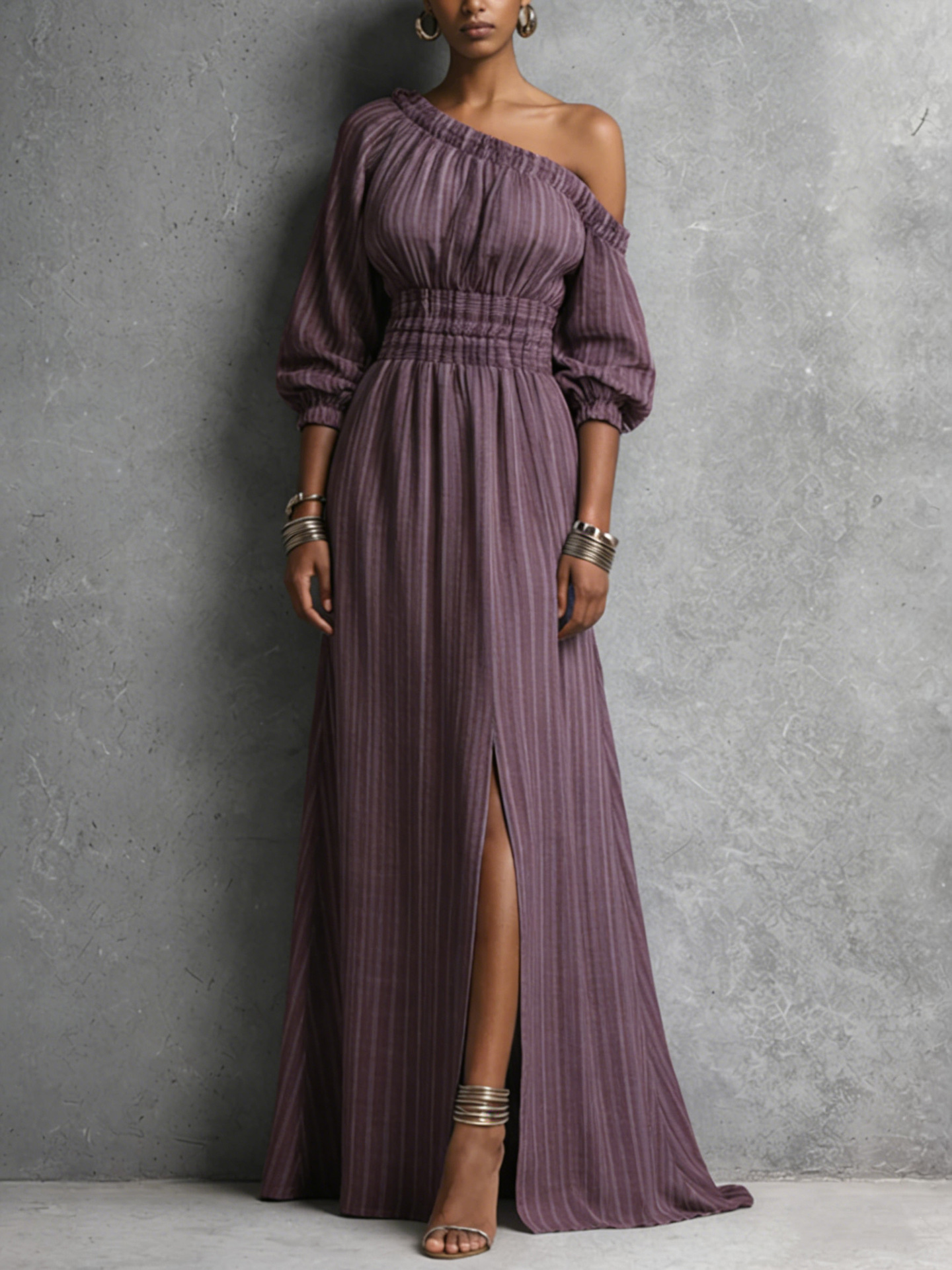 Elegant One-Shoulder Striped Cinched-Waist Maxi Dress