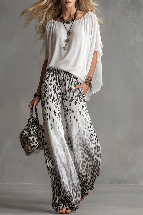 White T-shirt And Leopard-print Chiffon Pants Set