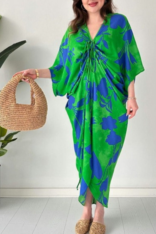 🎁Mother’s Day Sale 49% OFF-Fashionable V-neck Printed Loose-Fit Batwing Sleeve Drawstring Dress