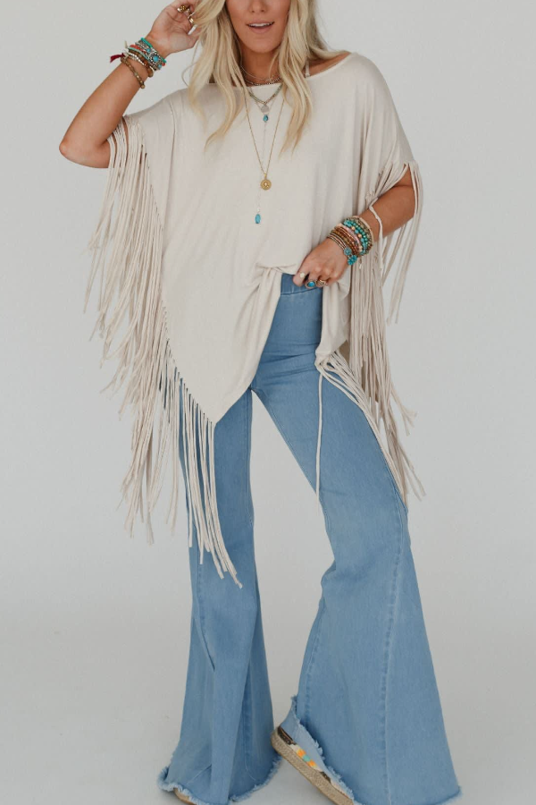 Fringed Bat-Sleeve Top