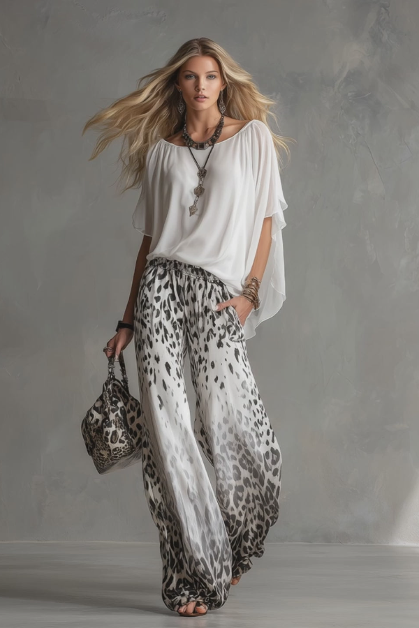 White T-shirt And Leopard-print Chiffon Pants Set