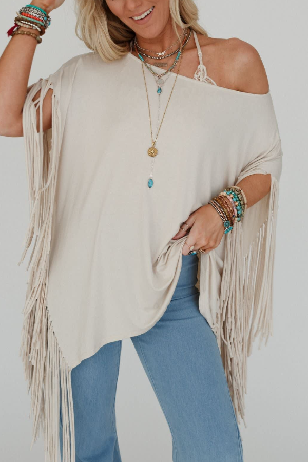 Fringed Bat-Sleeve Top
