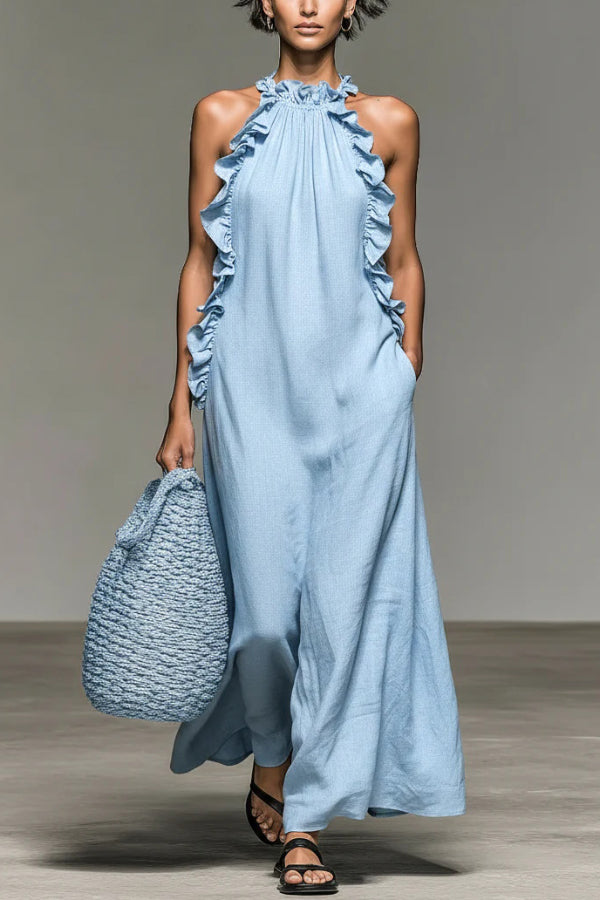 Linen Blend Halter Neck Ruffle Sleeveless Casual Loose Maxi Dress