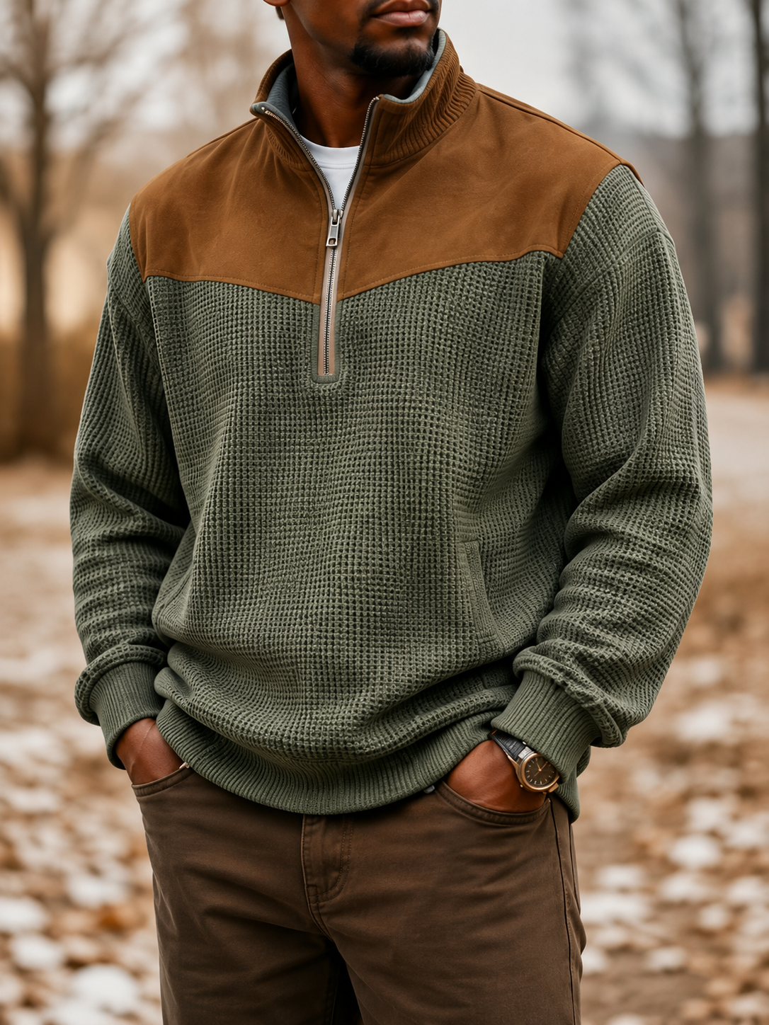Men’s Waffle Knit Suede-Panel Quarter-Zip Pullover