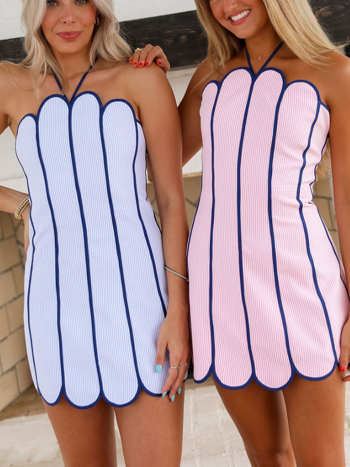 Vertical Stripe Wavy Edge Playful Dress