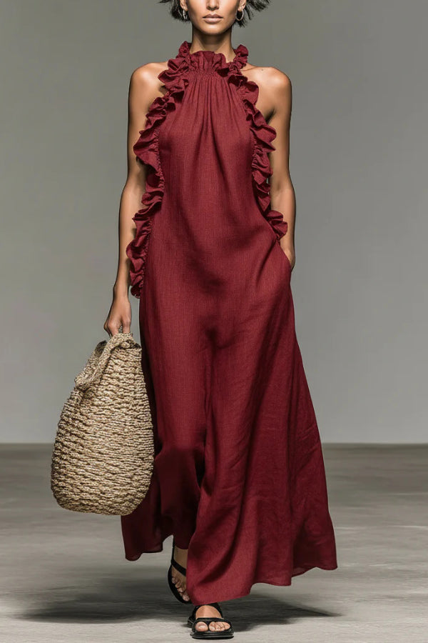 Linen Blend Halter Neck Ruffle Sleeveless Casual Loose Maxi Dress