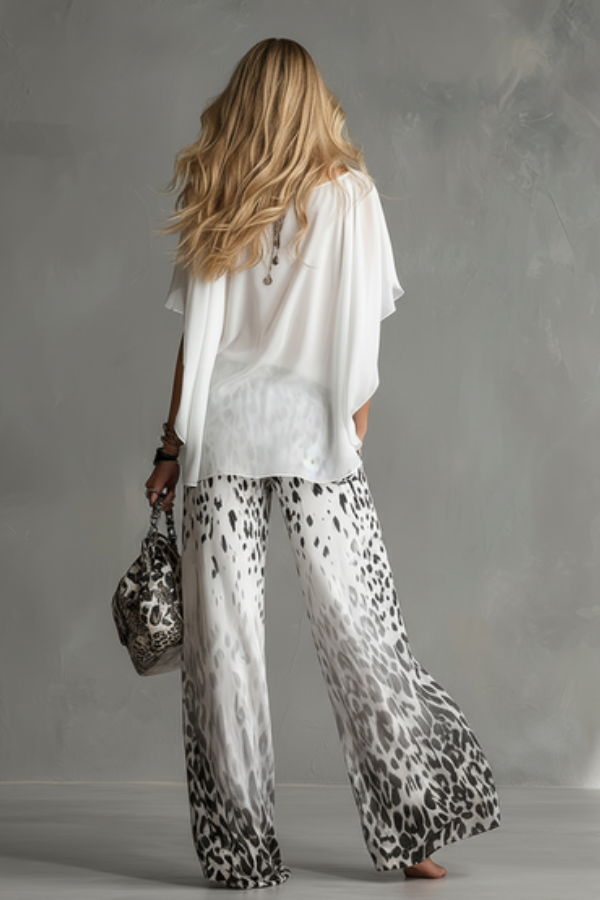 White T-shirt And Leopard-print Chiffon Pants Set