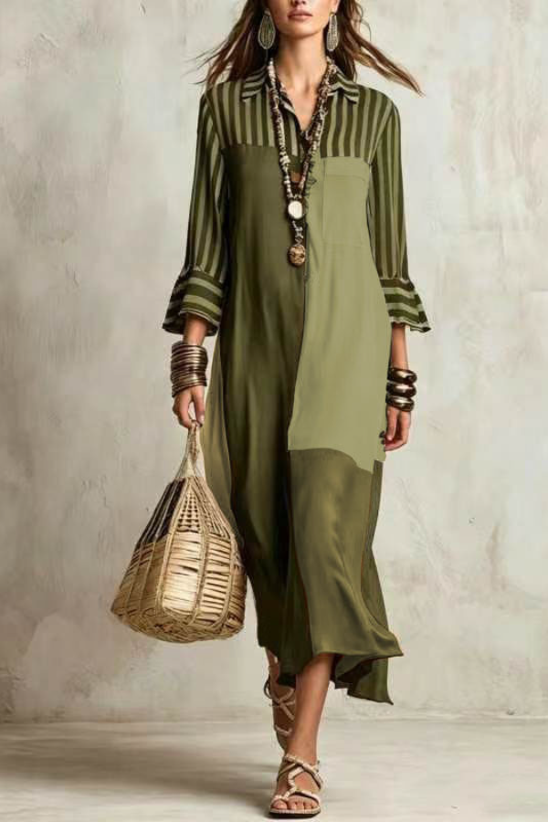 Elegant And Elegant Striped Nine-sleeve Stitching Shirt Dress