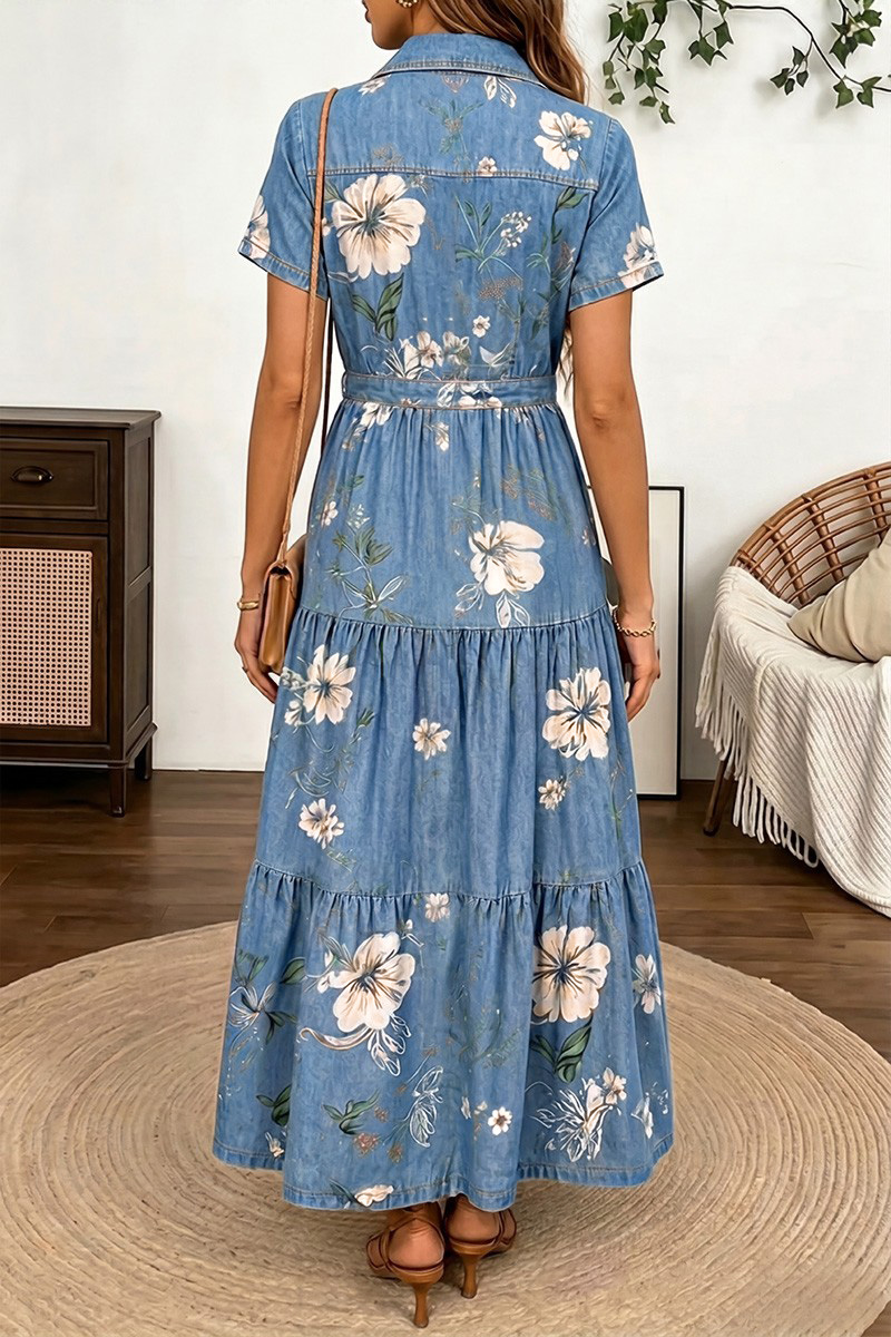 Floral Print Flap Pocket Button Up Short Sleeve Maxi Dress