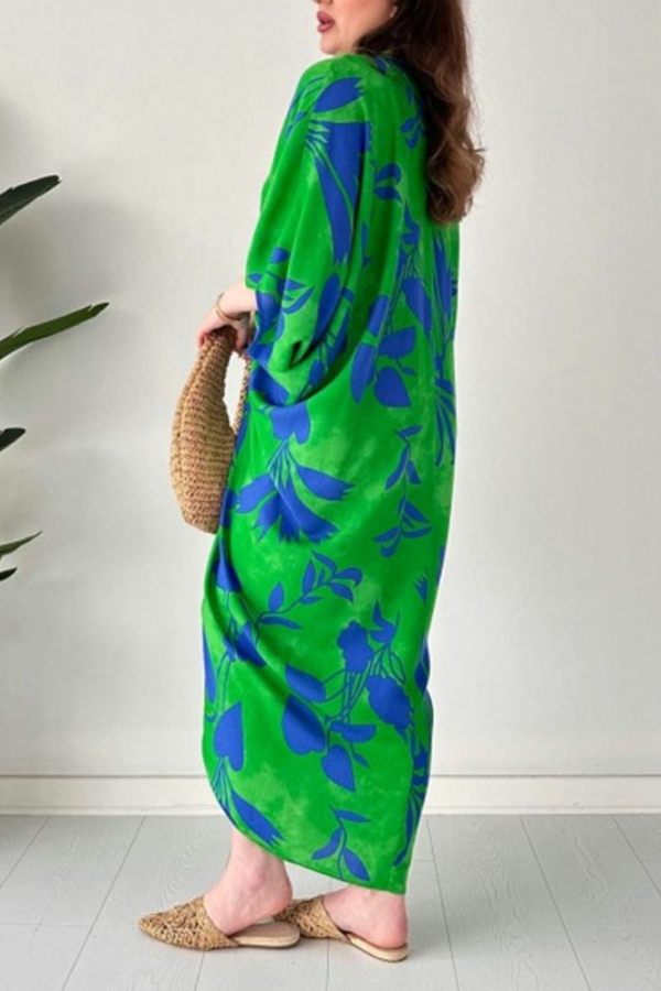 🎁Mother’s Day Sale 49% OFF-Fashionable V-neck Printed Loose-Fit Batwing Sleeve Drawstring Dress