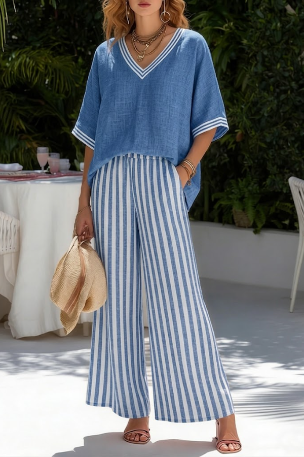 Striped Linen Cotton-stitched Top And Striped Trousers