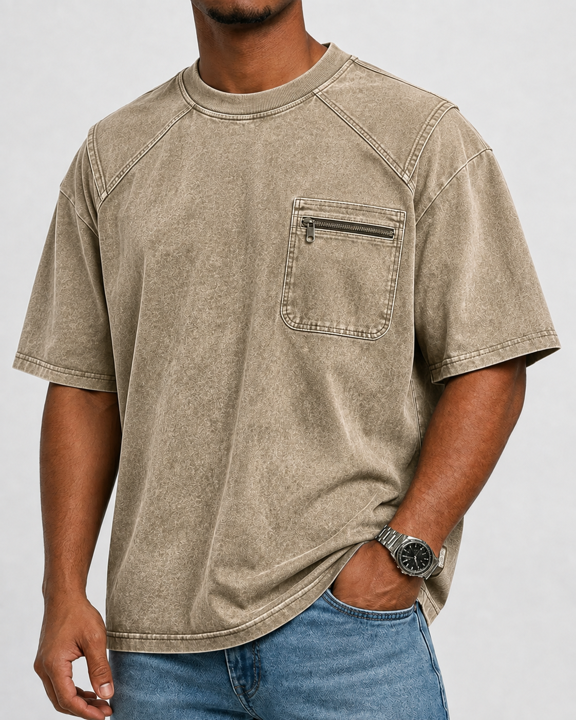 Men’s Vintage Washed Zip-Pocket Panel T-Shirt