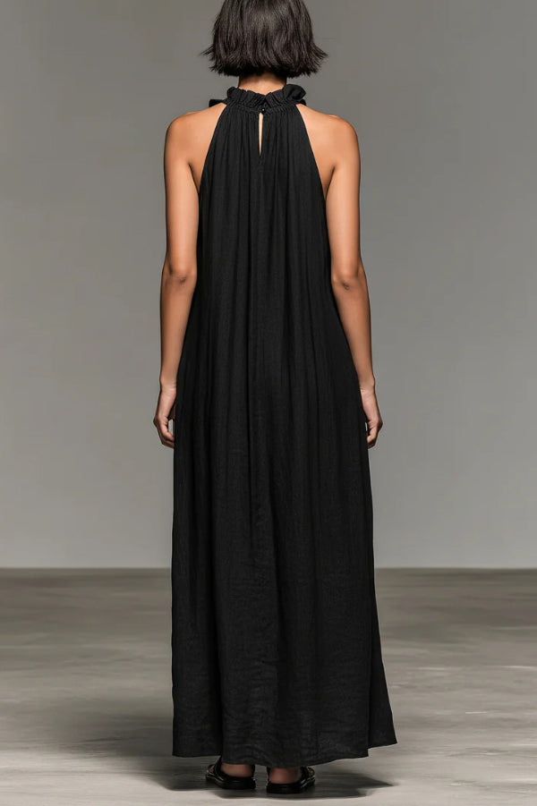 Linen Blend Halter Neck Ruffle Sleeveless Casual Loose Maxi Dress