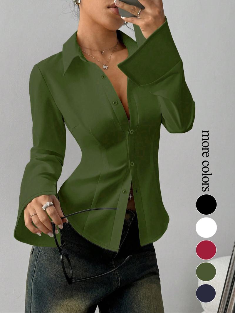 Women's Slim-Fit Button-Down Long-Sleeved Casual Shirt, Suitable for Daily Commuting