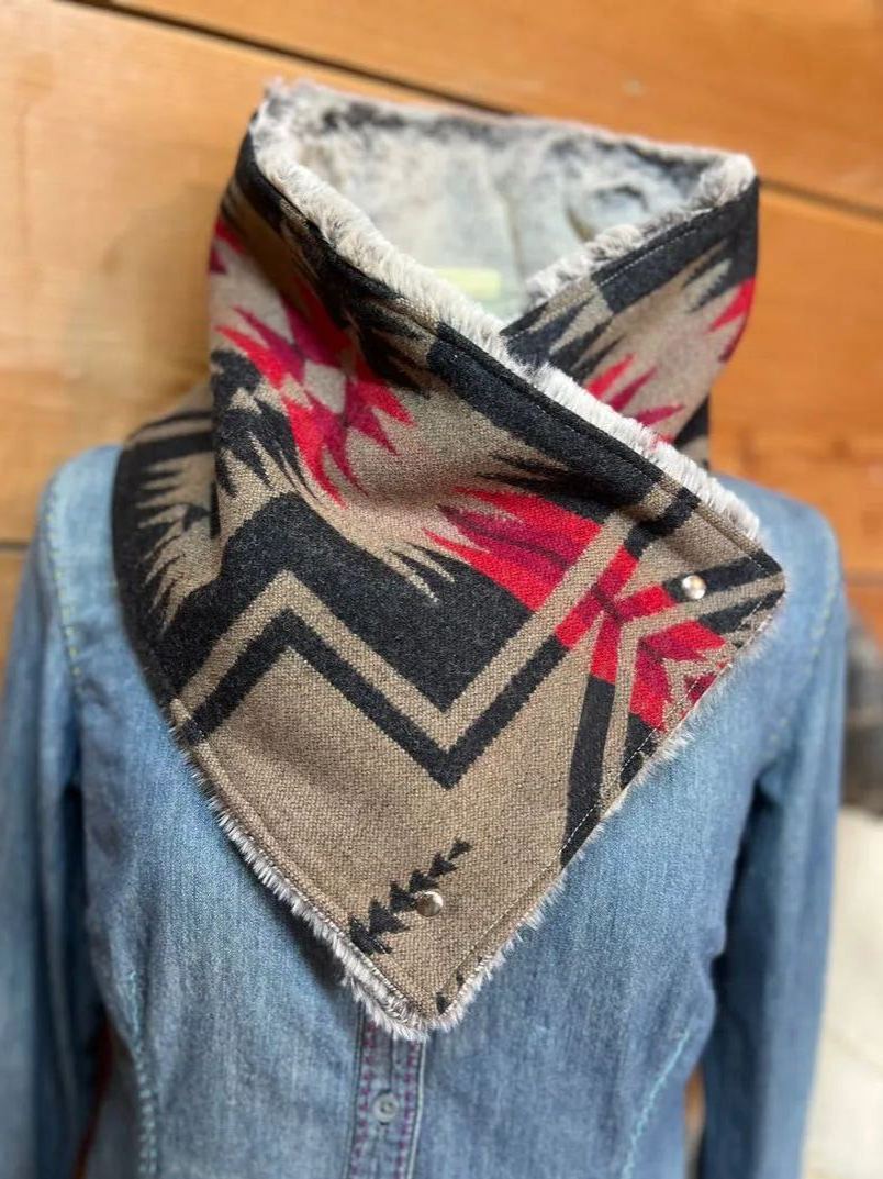 Women's Western Khaki Gray Aztec Sherpa Warm Neck Hood