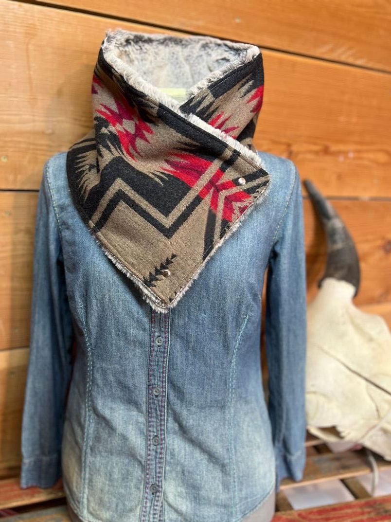 Women's Western Khaki Gray Aztec Sherpa Warm Neck Hood