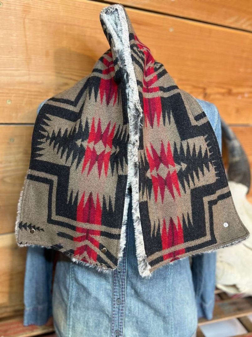 Women's Western Khaki Gray Aztec Sherpa Warm Neck Hood