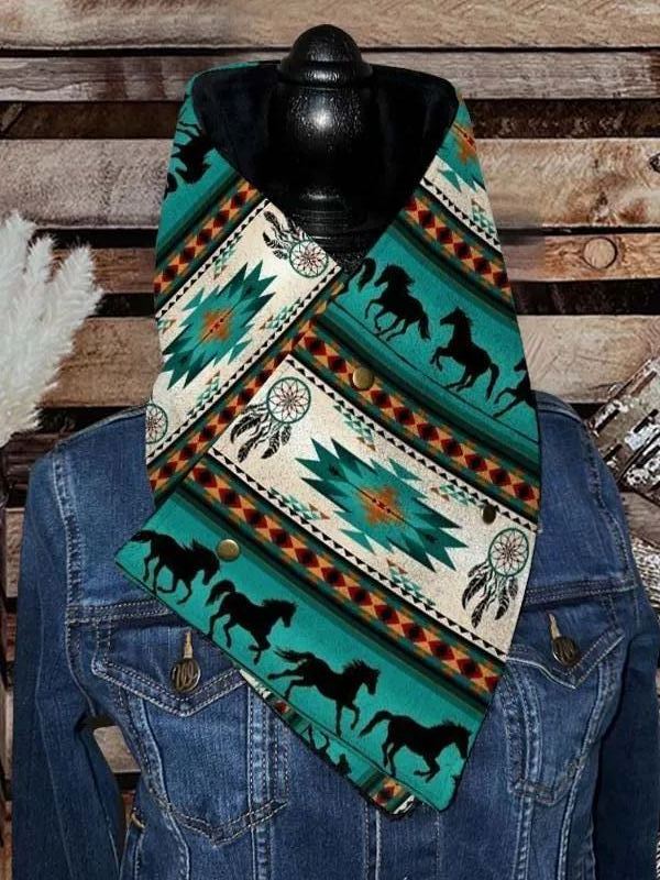 Women's Western Cowboy Green Aztec Warm Neck Hood