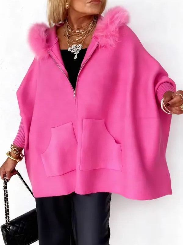 Warm Call Knit Long Sleeve Zipper Plush Hooded Pocket Loose Cardigan