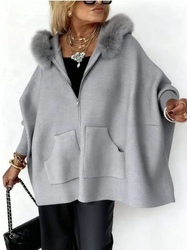 Warm Call Knit Long Sleeve Zipper Plush Hooded Pocket Loose Cardigan