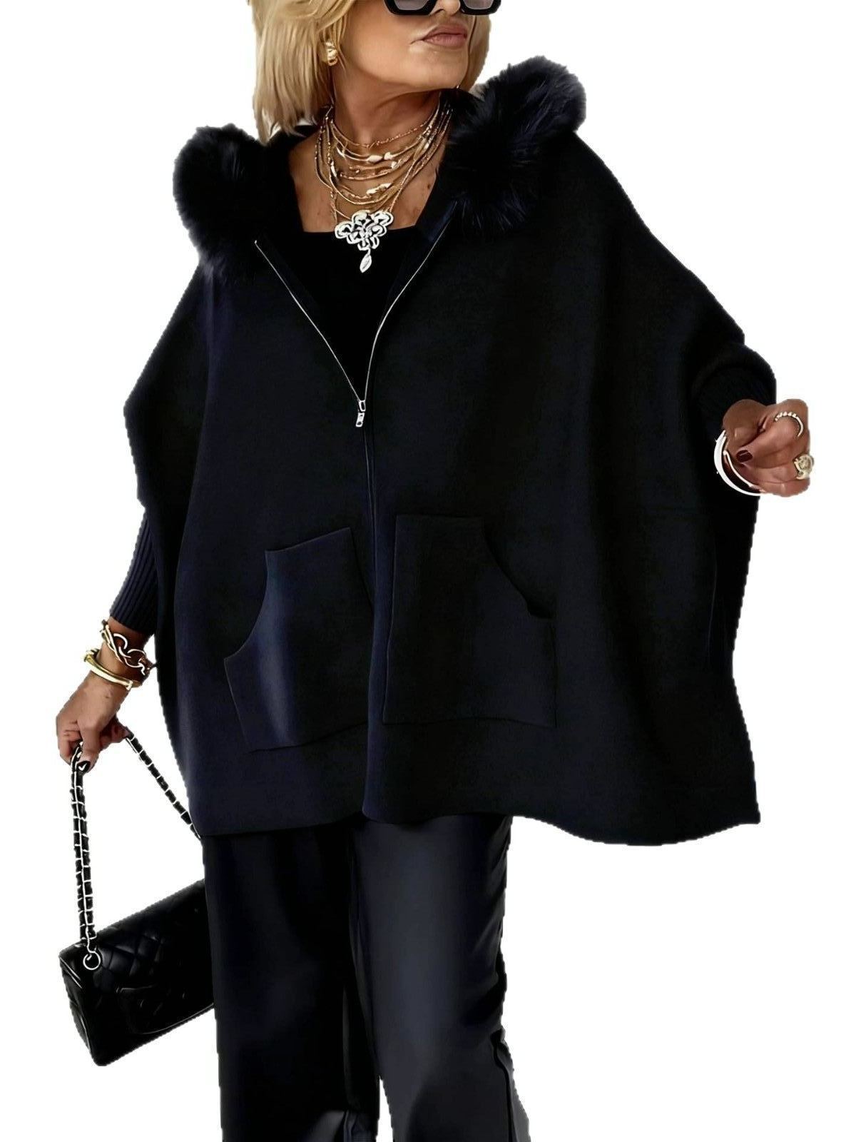 Warm Call Knit Long Sleeve Zipper Plush Hooded Pocket Loose Cardigan