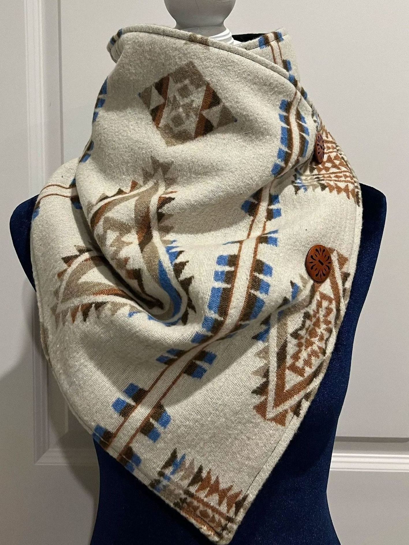 SOUTH WESTERN CREAM BLUE Western Aztec Warm Neck Hood