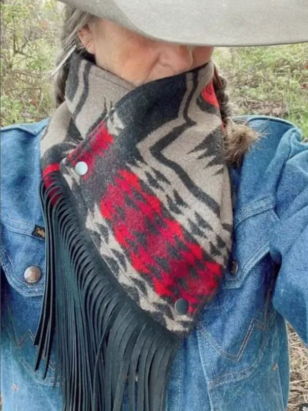 Women's Western Fringed Shawl - Black/Red Aztec Pattern