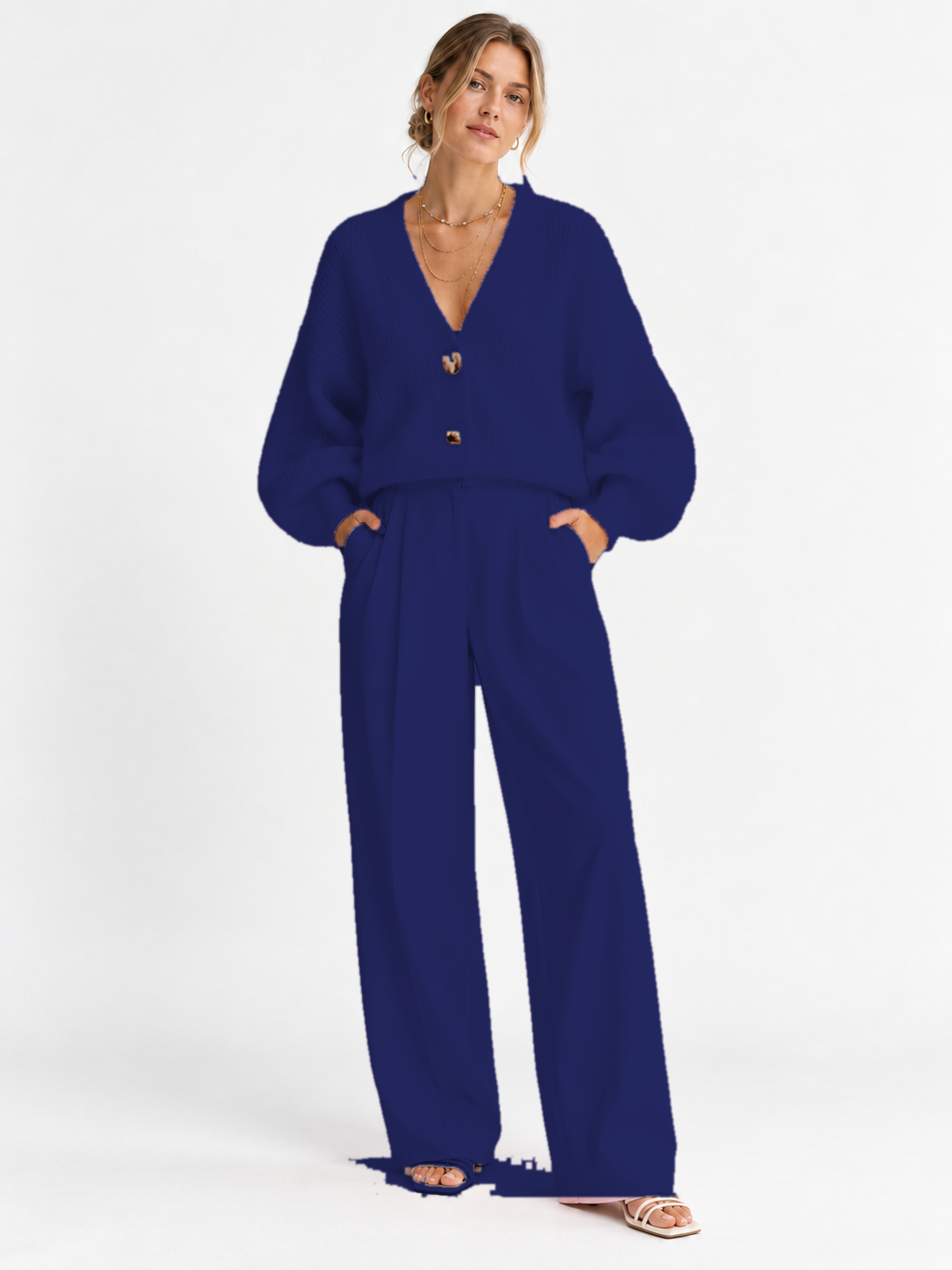 Women's Soft Knit V-Neck Cardigan & Wide-Leg Pants Set