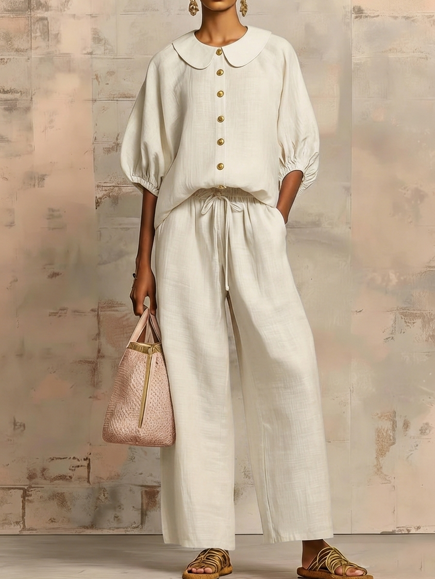 Stylish Peter Pan Collar Shirt And Wide-leg Pant Linen Two-piece Set