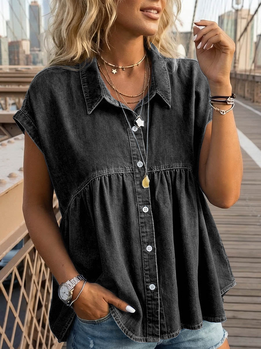 Women's Lapel Short-sleeved Casual Loose Denim Shirt