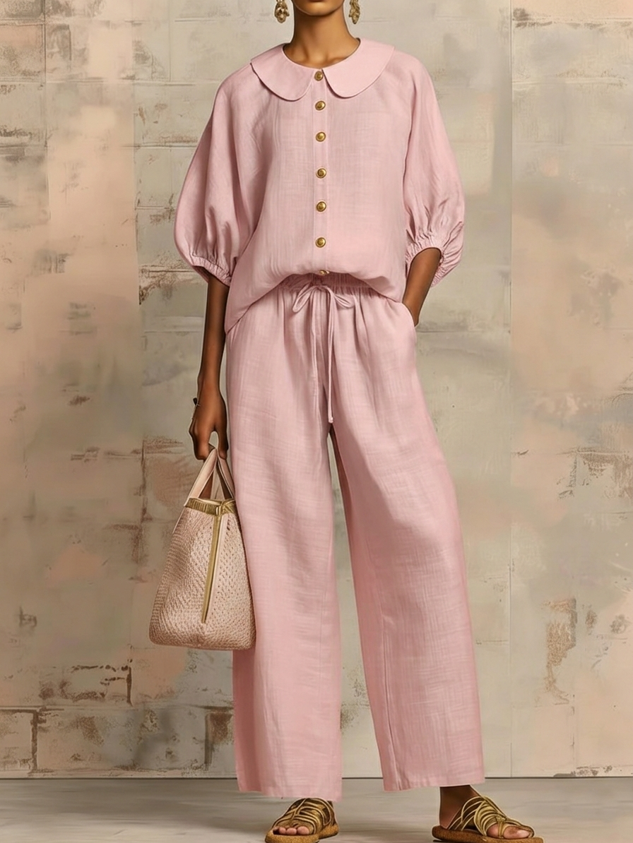 Stylish Peter Pan Collar Shirt And Wide-leg Pant Linen Two-piece Set