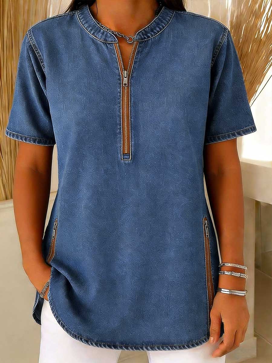 Women's V-neck Short-sleeved Casual Loose Denim Top
