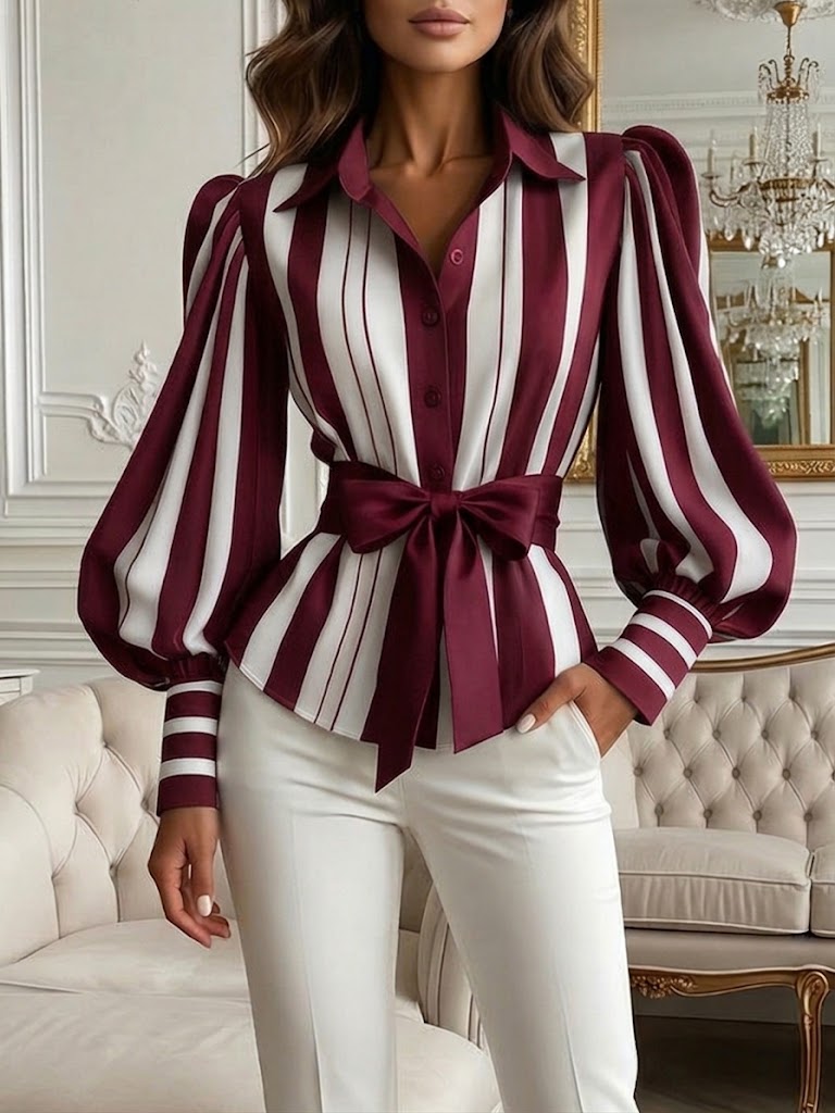 Stylish & Polished Striped Balloon-sleeve Shirt
